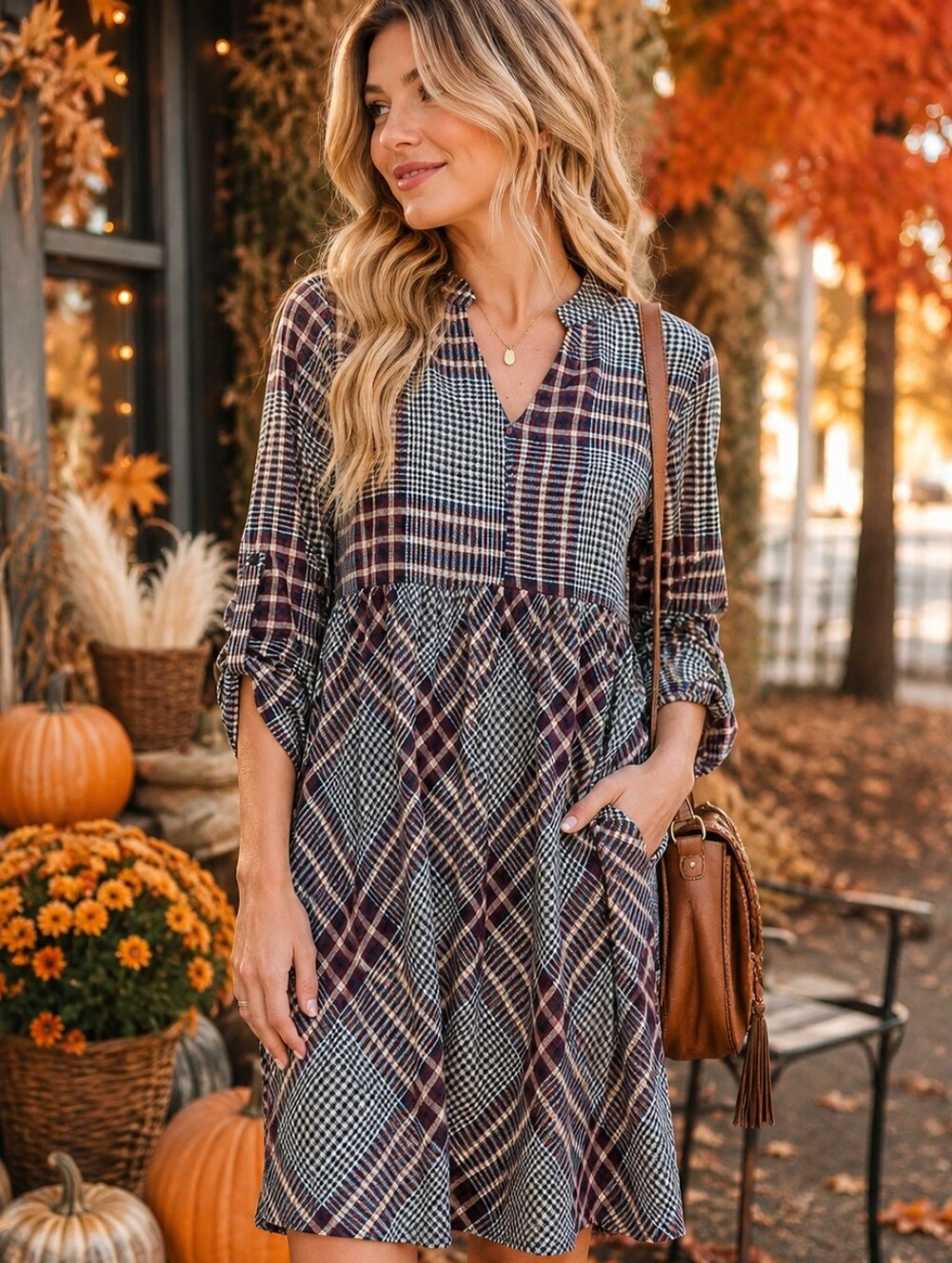 Mittoshop Plaid Babydoll Mini Dress with Pockets – S M L